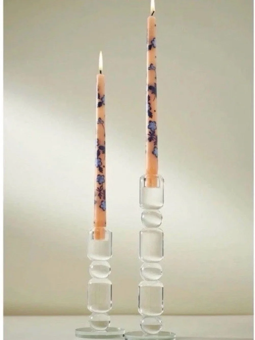 Anthropologie Pink Taper Candles with Blue Floral Motif - Set of 2 - 12”